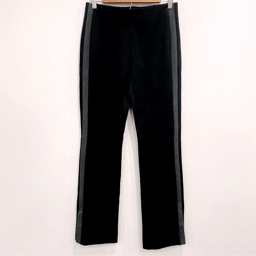 ECRU S Black Straight Leg Stretch Pull On Trousers Stripe Button Hem Ponte Knit